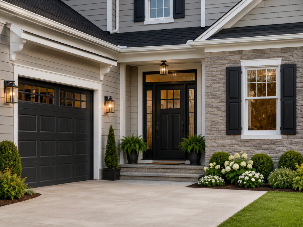 Exterior front door and architectural accents painted by Empire Painting