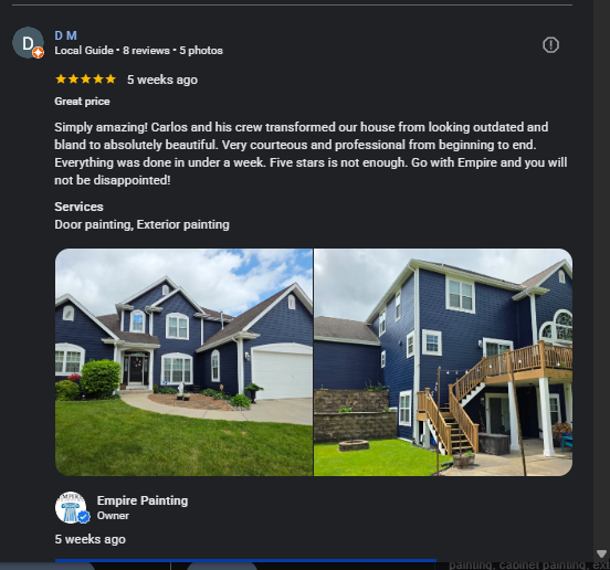 Five star Google review for Empire Painting exterior painting project in Waukesha County WI