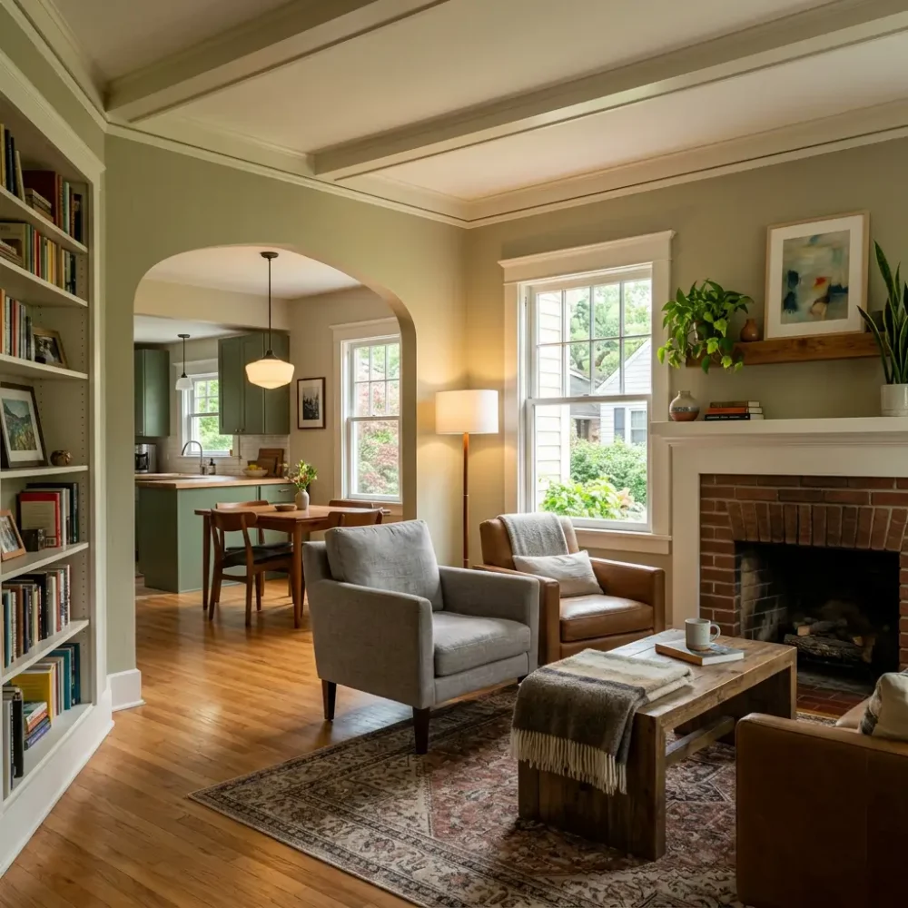 Warm living room with painted walls, white ceiling beams and detailed trim