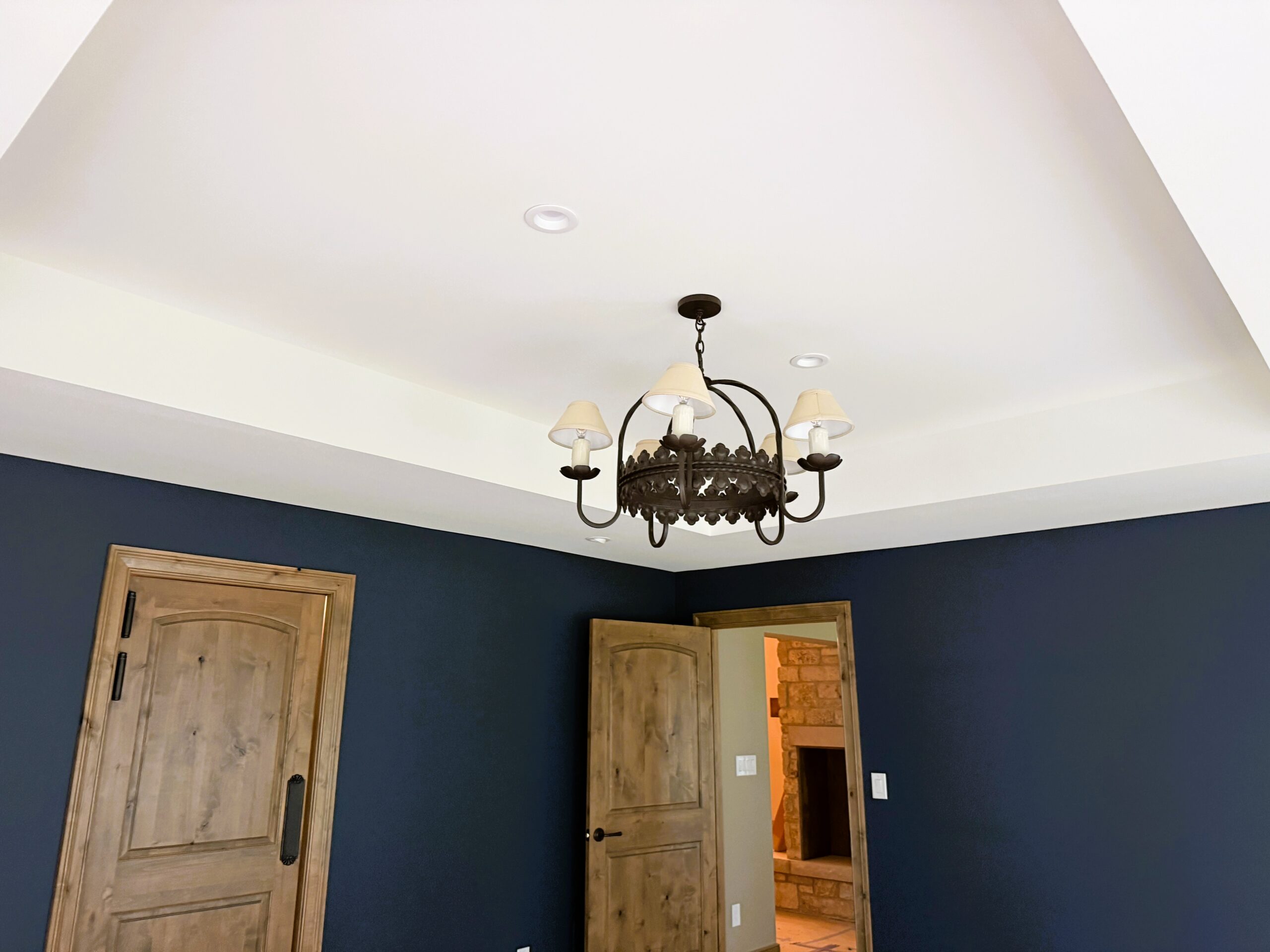 Navy walls with a crisp white tray ceiling and natural wood doors