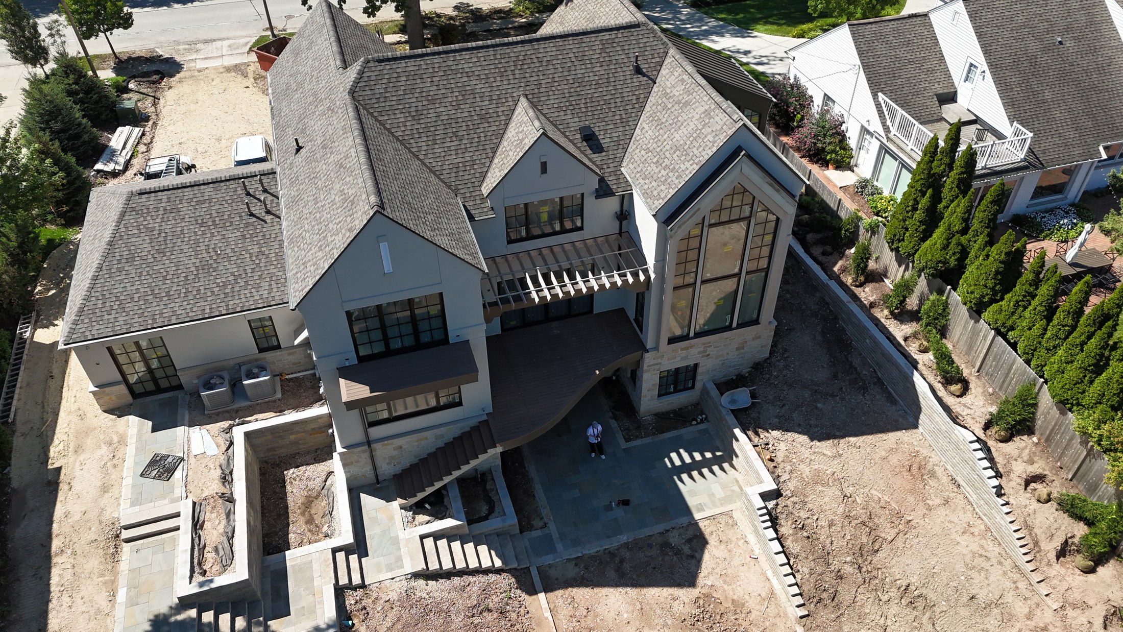 Gabled rooflines and rear elevation of the Whitefish Bay remodel