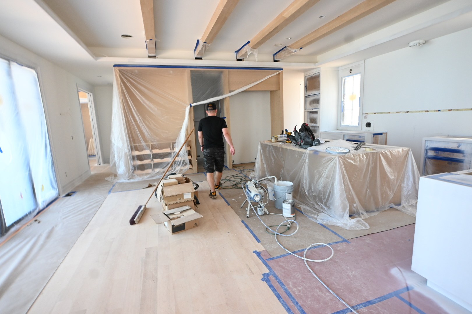 Protected floors and furnishings in an active interior work area