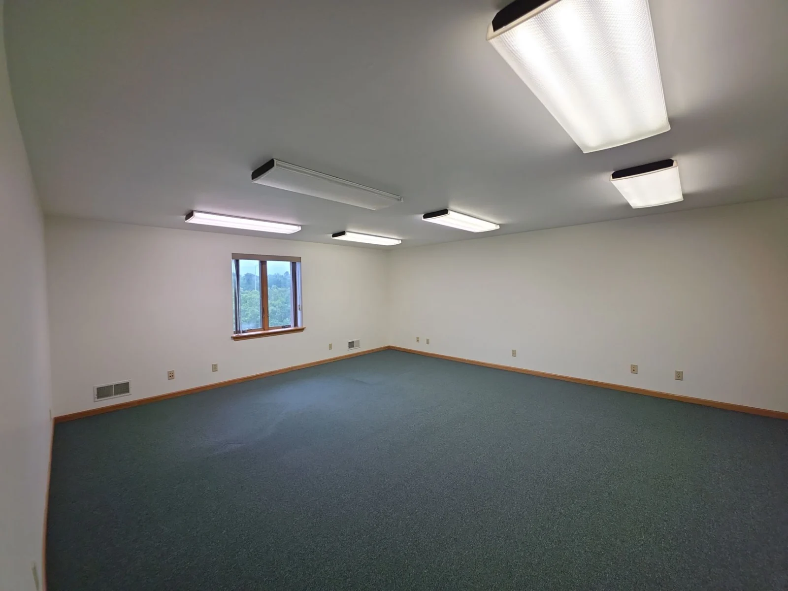 Completed Ixonia commercial office interior with neutral painted walls and existing blue carpet.