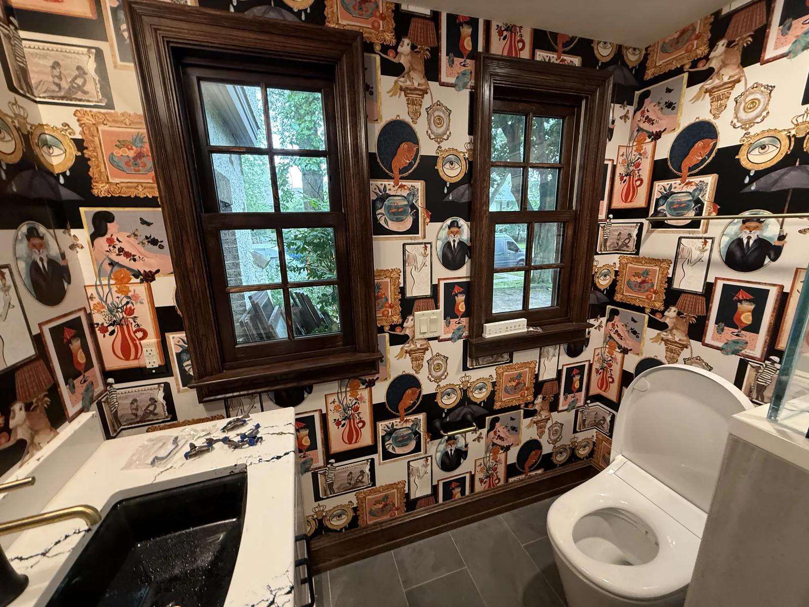 Stained wood window frames in the Whitefish Bay bathroom