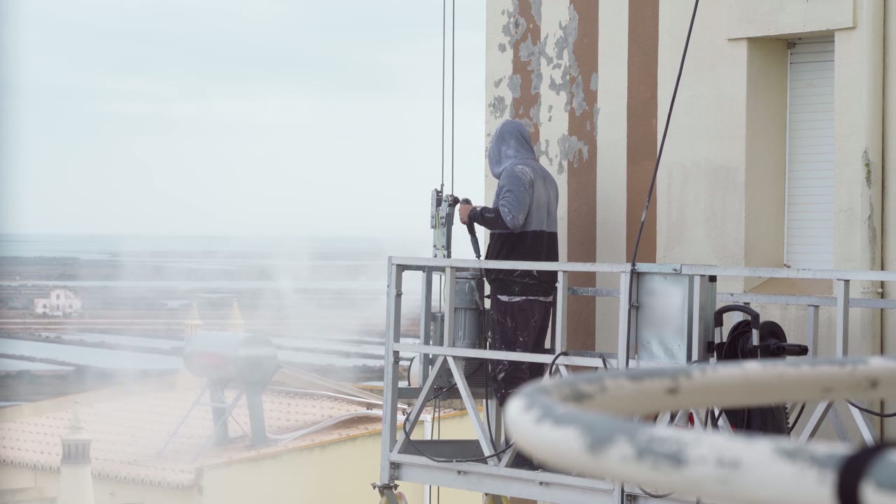 Pressure washing a building exterior