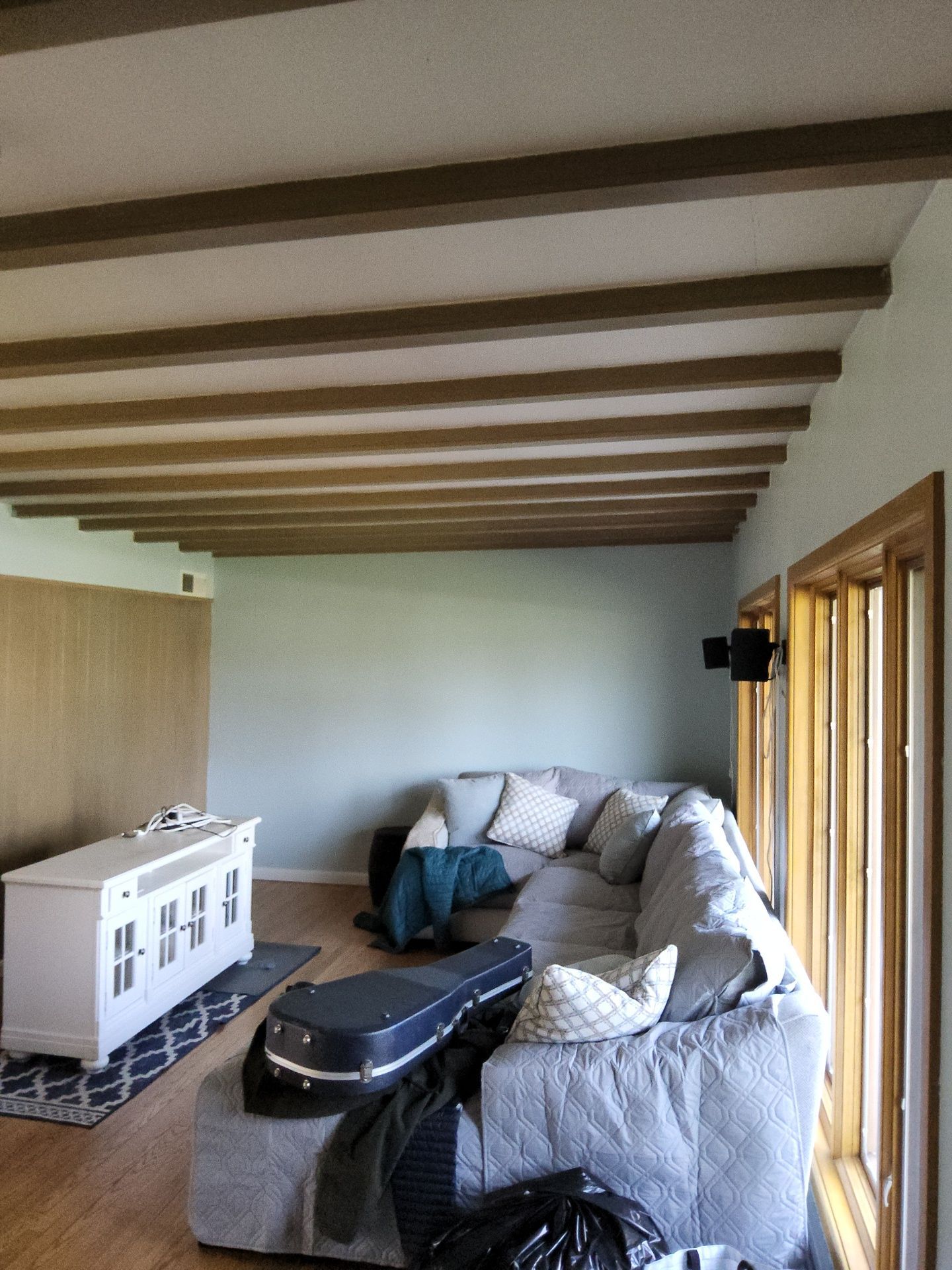 Franklin living room during work in progress with moved and covered furniture