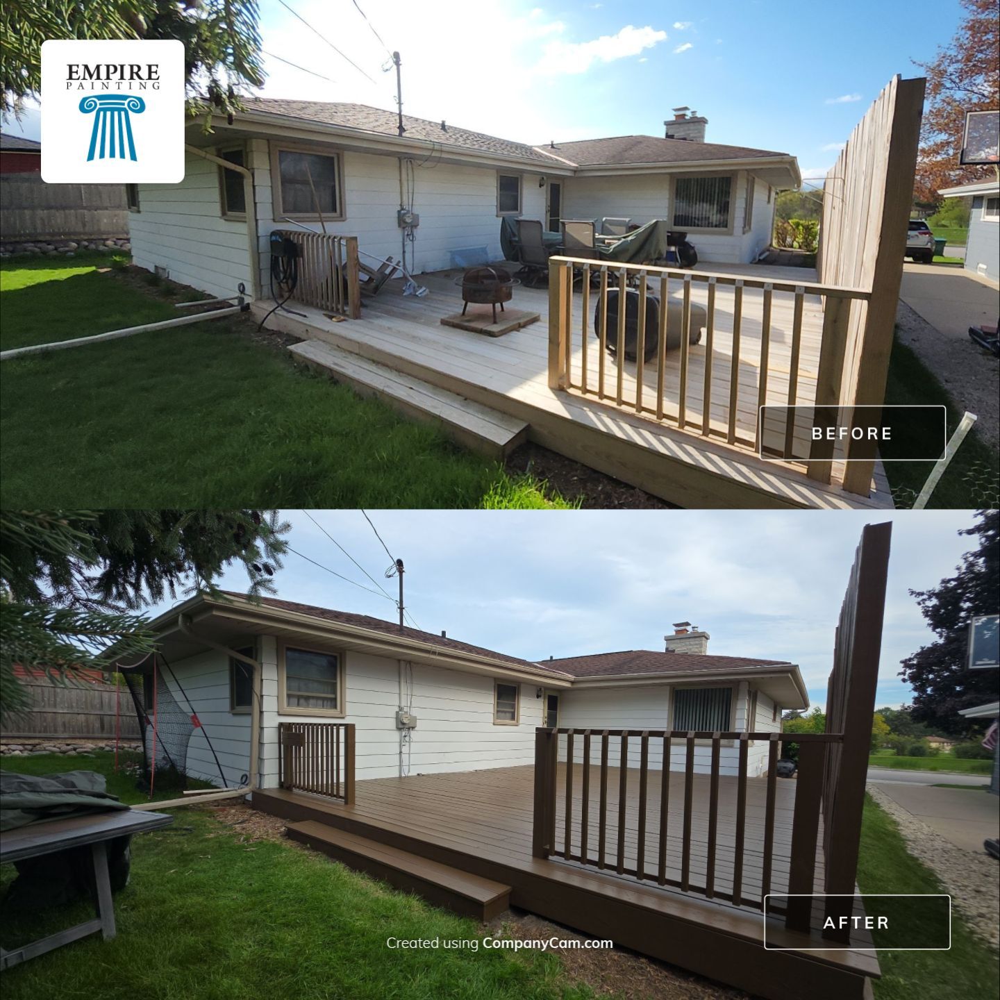 Before and after deck staining in Menomonee Falls: original wood above and coordinated brown finish below
